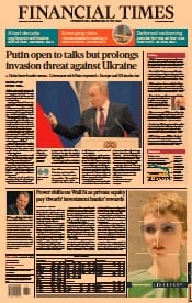 Financial Times (UK) Newspaper Front Page for 16 February 2022
