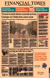 Financial Times (UK) Newspaper Front Page for 20 December 2021