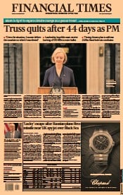Financial Times (UK) Newspaper Front Page for 21 October 2022