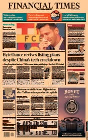 Financial Times (UK) Newspaper Front Page for 9 August 2021