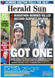 Herald Sun (Australia) Newspaper Front Page for 20 April 2013
