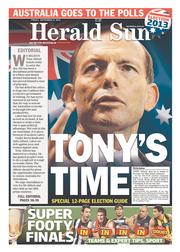Herald Sun (Australia) Newspaper Front Page for 6 September 2013