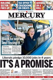 Hobart Mercury (Australia) Newspaper Front Page for 13 January 2014