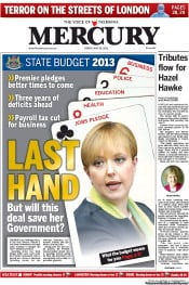 Hobart Mercury (Australia) Newspaper Front Page for 24 May 2013