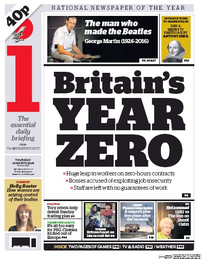 I Newspaper Newspaper Front Page (UK) for 10 March 2016