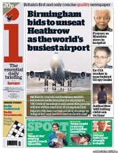 I Newspaper (UK) Newspaper Front Page for 10 June 2013