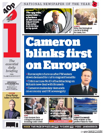 I Newspaper Newspaper Front Page (UK) for 11 November 2015
