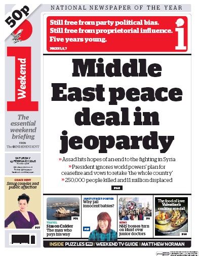 I Newspaper Newspaper Front Page (UK) for 13 February 2016