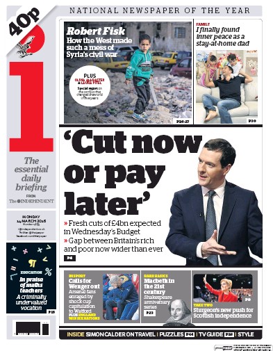 I Newspaper Newspaper Front Page (UK) for 14 March 2016