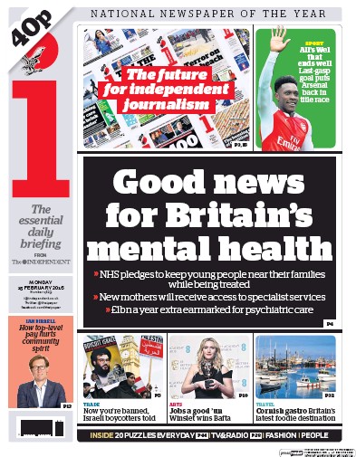 I Newspaper Newspaper Front Page (UK) for 15 February 2016