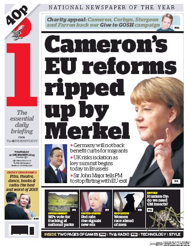 I Newspaper Newspaper Front Page (UK) for 17 December 2015
