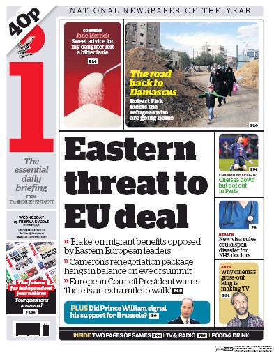 I Newspaper Newspaper Front Page (UK) for 17 February 2016