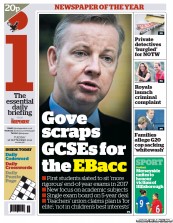 I Newspaper (UK) Newspaper Front Page for 18 September 2012