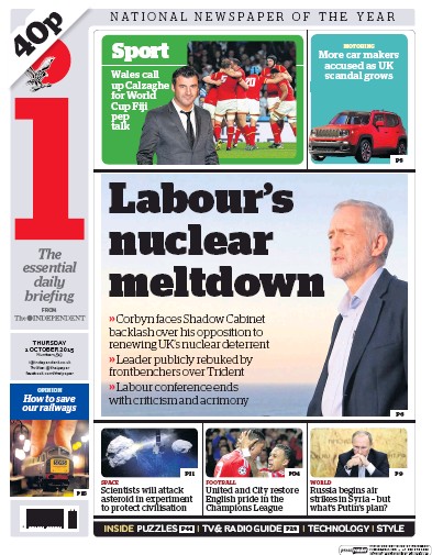 I Newspaper Newspaper Front Page (UK) for 1 October 2015