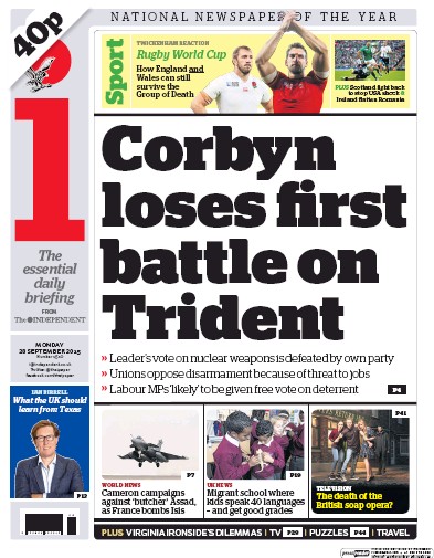 I Newspaper Newspaper Front Page (UK) for 28 September 2015