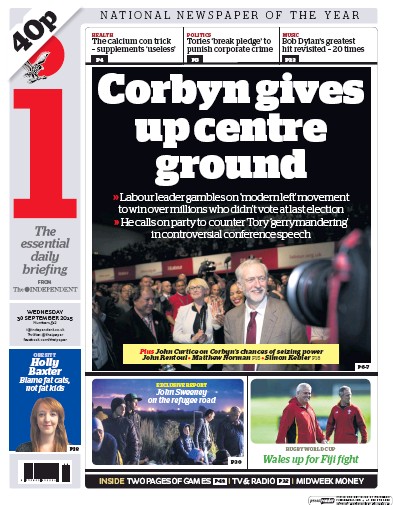 I Newspaper Newspaper Front Page (UK) for 30 September 2015