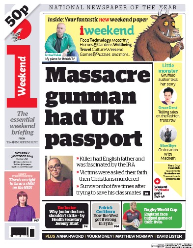 I Newspaper Newspaper Front Page (UK) for 3 October 2015