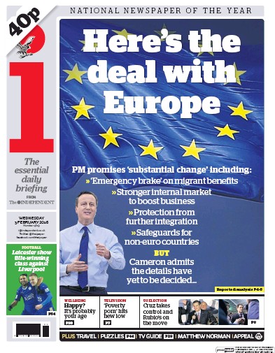 I Newspaper Newspaper Front Page (UK) for 3 February 2016