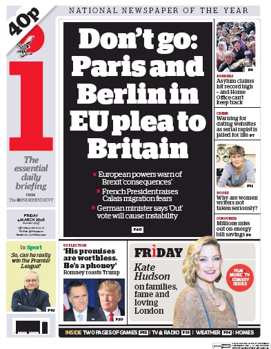 I Newspaper Newspaper Front Page (UK) for 4 March 2016