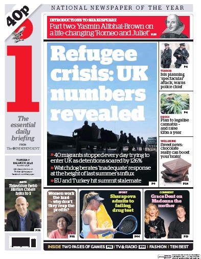I Newspaper Newspaper Front Page (UK) for 8 March 2016