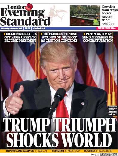 London Evening Standard Newspaper Front Page (UK) for 10 November 2016