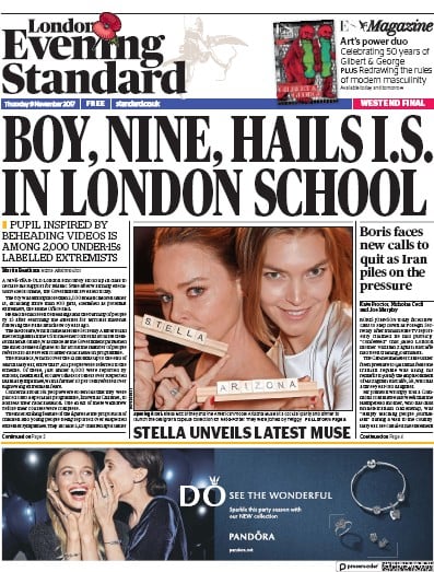 London Evening Standard Newspaper Front Page (UK) for 10 November 2017