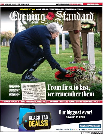 London Evening Standard Newspaper Front Page (UK) for 10 November 2018