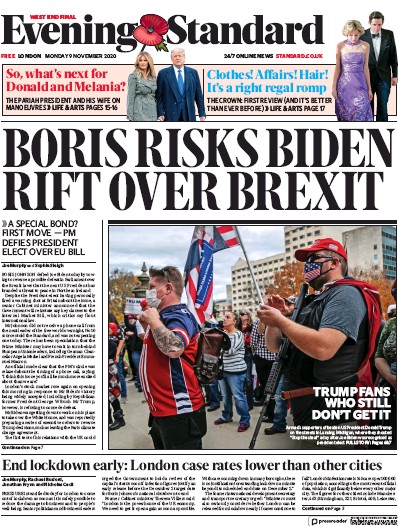 London Evening Standard Newspaper Front Page (UK) for 10 November 2020