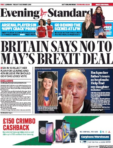 London Evening Standard Newspaper Front Page (UK) for 10 December 2018