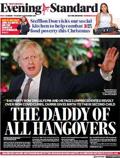 London Evening Standard Newspaper Front Page (UK) for 10 December 2021