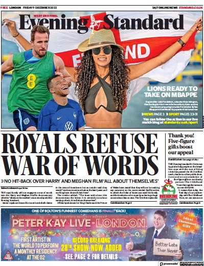 London Evening Standard Newspaper Front Page (UK) for 10 December 2022