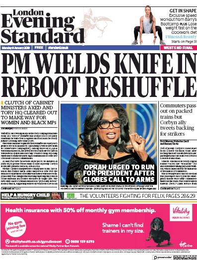 London Evening Standard Newspaper Front Page (UK) for 10 January 2018