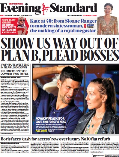 London Evening Standard Newspaper Front Page (UK) for 10 January 2022