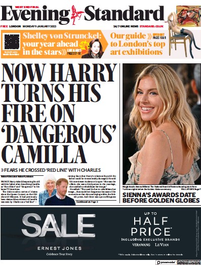 London Evening Standard Newspaper Front Page (UK) for 10 January 2023