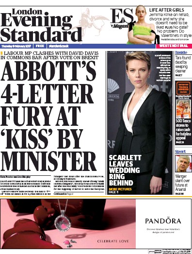 London Evening Standard Newspaper Front Page (UK) for 10 February 2017