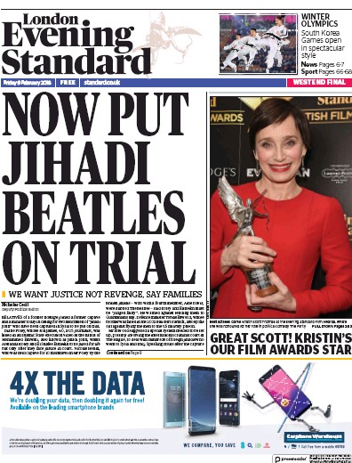 London Evening Standard Newspaper Front Page (UK) for 10 February 2018