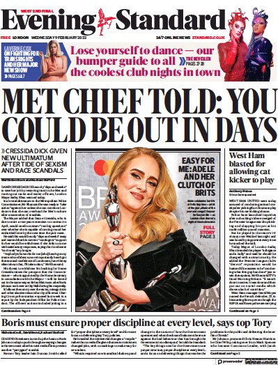 London Evening Standard Newspaper Front Page (UK) for 10 February 2022