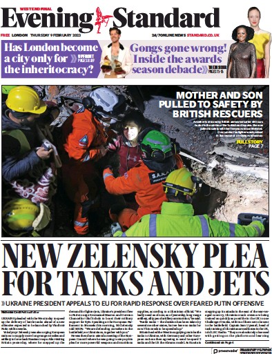 London Evening Standard Newspaper Front Page (UK) for 10 February 2023