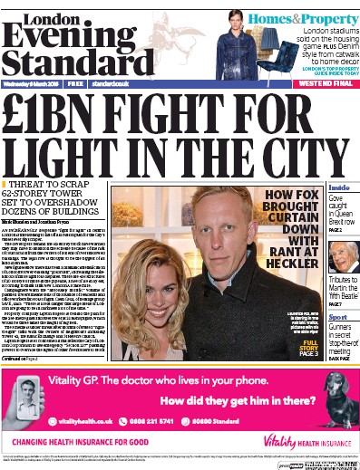 London Evening Standard Newspaper Front Page (UK) for 10 March 2016