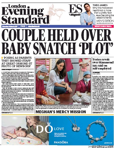 London Evening Standard Newspaper Front Page (UK) for 10 March 2017