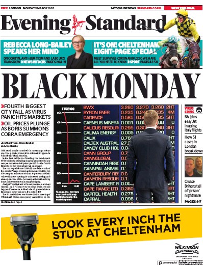 London Evening Standard Newspaper Front Page (UK) for 10 March 2020