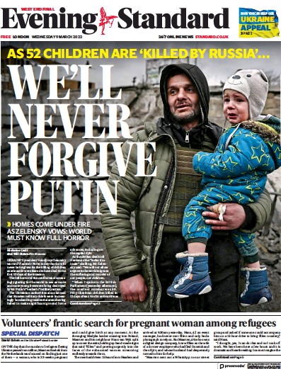 London Evening Standard Newspaper Front Page (UK) for 10 March 2022