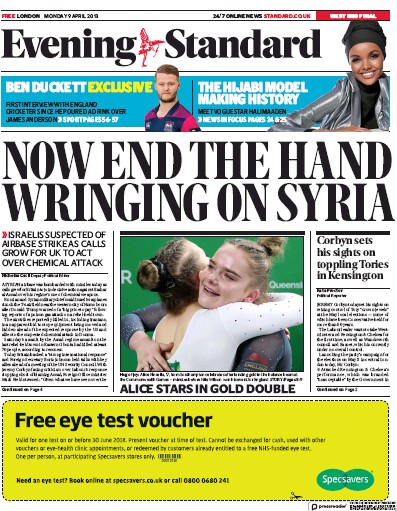 London Evening Standard Newspaper Front Page (UK) for 10 April 2018