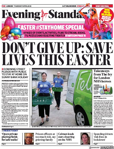 London Evening Standard Newspaper Front Page (UK) for 10 April 2020