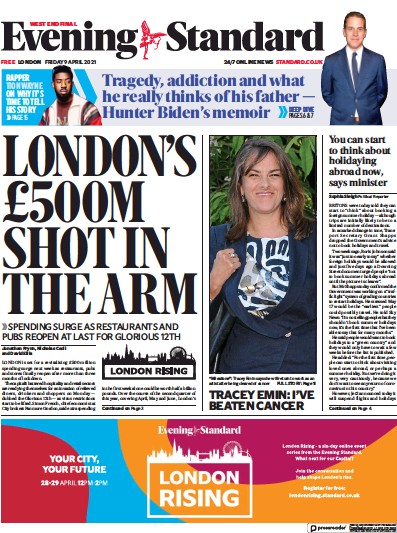 London Evening Standard Newspaper Front Page (UK) for 10 April 2021