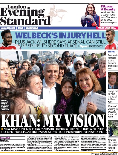 London Evening Standard Newspaper Front Page (UK) for 10 May 2016