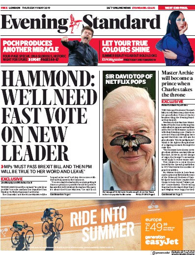 London Evening Standard Newspaper Front Page (UK) for 10 May 2019