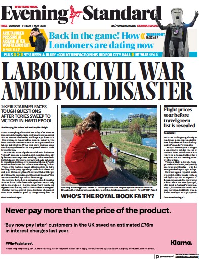 London Evening Standard Newspaper Front Page (UK) for 10 May 2021