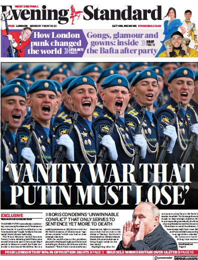 London Evening Standard Newspaper Front Page (UK) for 10 May 2022