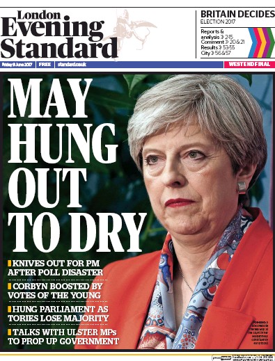 London Evening Standard Newspaper Front Page (UK) for 10 June 2017